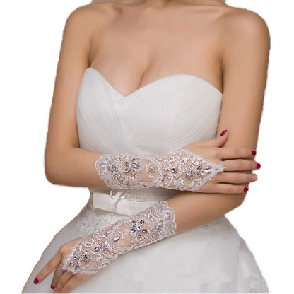 Lace Fingerless Elbow Length Bridal  Gloves with Rhinestone for Women Paragraph White Wedding Accessories