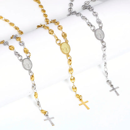 304 Stainless Steel Religious Pig Nose Chain Prayer Beads Rosary Necklace Cross Virgin Mary For Men Women 50cm(19 5/8") long
