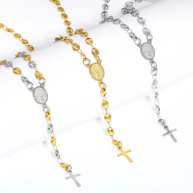 304 Stainless Steel Religious Pig Nose Chain Prayer Beads Rosary Necklace Cross Virgin Mary For Men Women 50cm(19 5/8") long