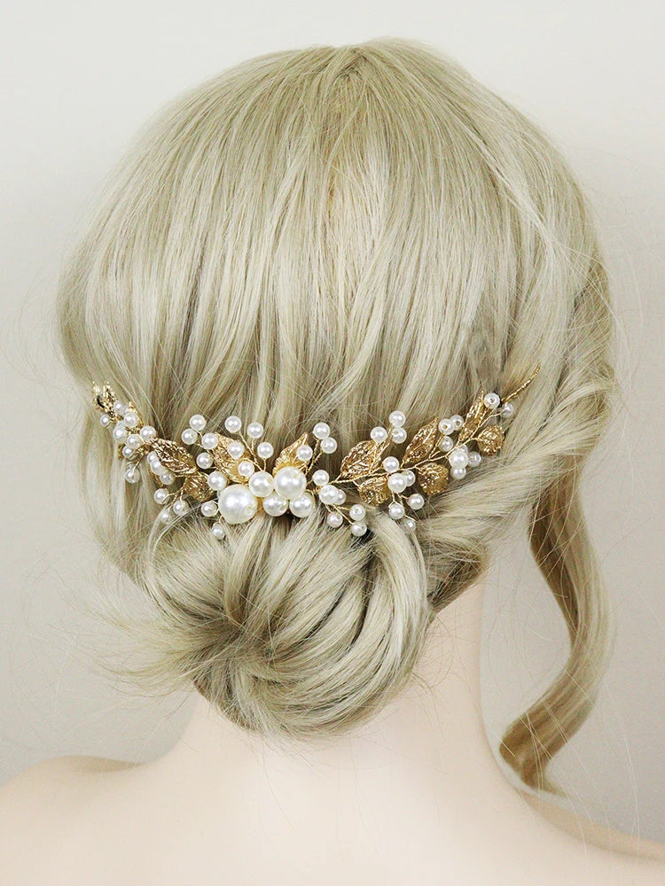 Golden Leaf Pearls Headband Handmade Bride Headdress Vintage 90s Elegant Women Headpieces for Party Wedding Hair Accessories