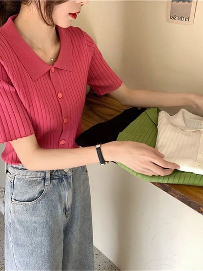Cardigan Women Solid Short Sleeve Knitted Turn-down Collar Summer Casual All-match Tops Slim Button Up Students Korean Style
