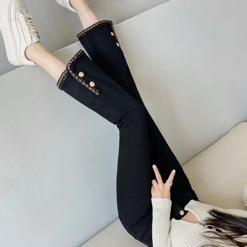 Spring New Flare Imitation Jeans Women Solid Button Zipper Patchwork Pocket Cotton Fashion High Waist Slim Fit Straight Pants