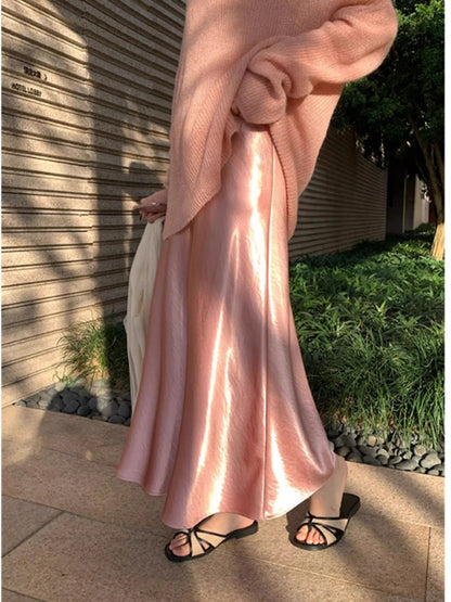 Spring Women's Long Skirts High-waist Luxury Satin Fishtail Skirt Ladies Elegant Loose Solid Gray Black A-line Skirts for Women
