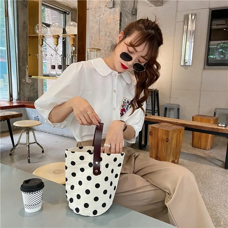 Simple Wave Point Polka Dot Canvas Bucket Bag Korean Style Large Capacity Handbag Lunch Bag Tote Bag Mummy Bag Shopping Bags