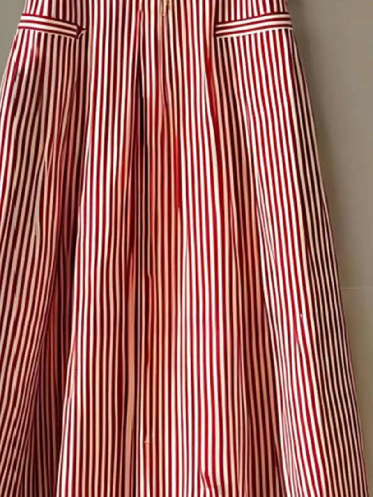 Red Striped Skirt Women Spring Summer High Waist A-Line Skirt Ladies Casual Mid-length Skirt With Belt