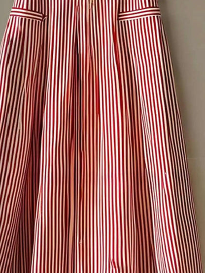 Red Striped Skirt Women Spring Summer High Waist A-Line Skirt Ladies Casual Mid-length Skirt With Belt