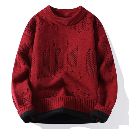 Autumn Winter Fashion Hole Knit Sweater Men O-Neck Solid Color Youthful Vitality Casual Knitted Pullovers Man Streetwear Sweater