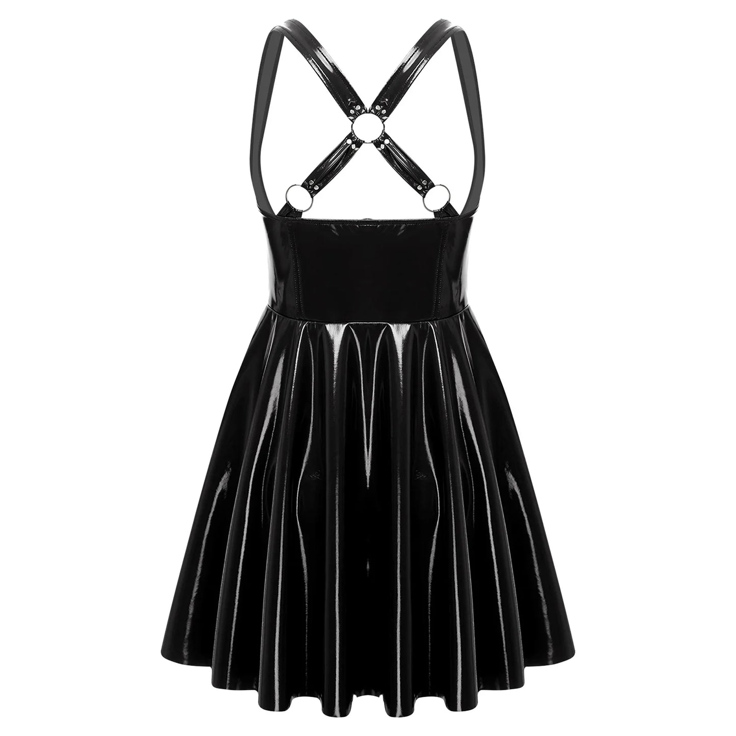 Women Gothic Punk PU Leather Dress Sexy Low Cut Sleeveless Mini Back Cross Straps Wet Look Glossy Clubwear for Halloween Cosplay
