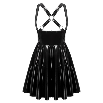 Women Gothic Punk PU Leather Dress Sexy Low Cut Sleeveless Mini Back Cross Straps Wet Look Glossy Clubwear for Halloween Cosplay