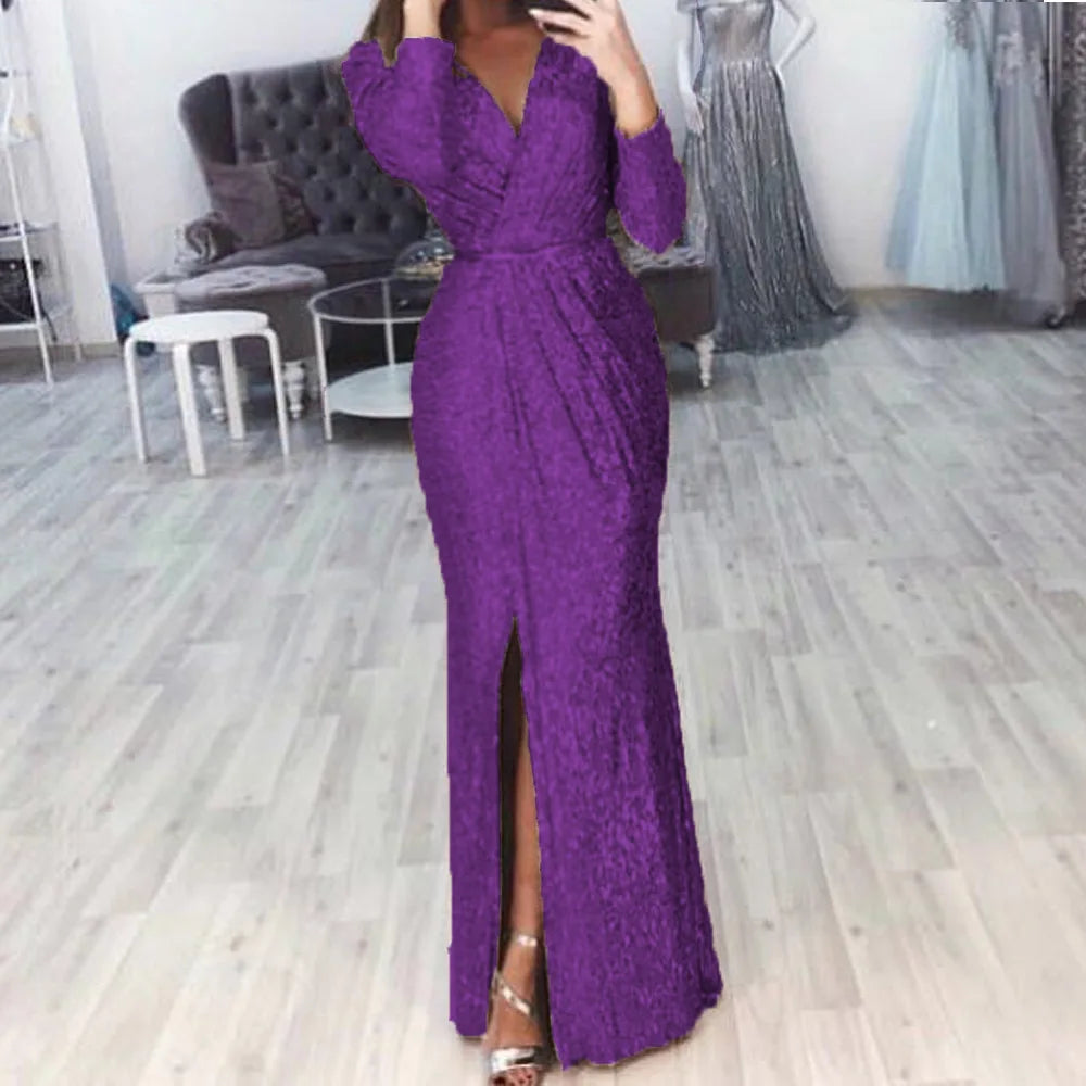 Women's Sequin High Slit Party Dresses Ruched Evening Glitter Dress Deep V Neck Long Sleeve Vestidos 2025 Autumn Female New Robe