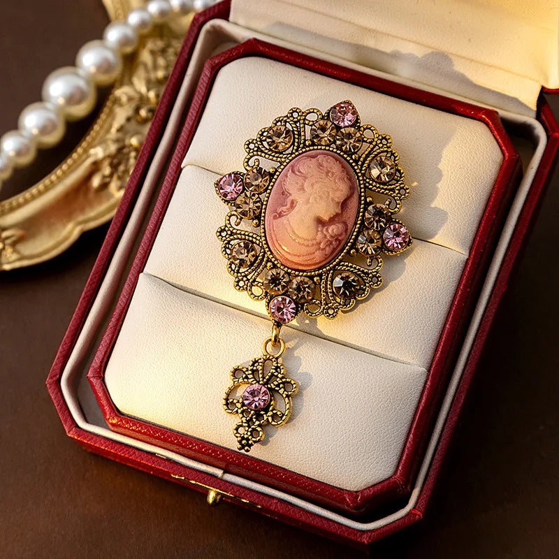 SHMIK Vintage Palace Style Relief Beauty Pendant Crystal Badges Brooch For Women Elegant Retro Middle Design Pin Jewelry