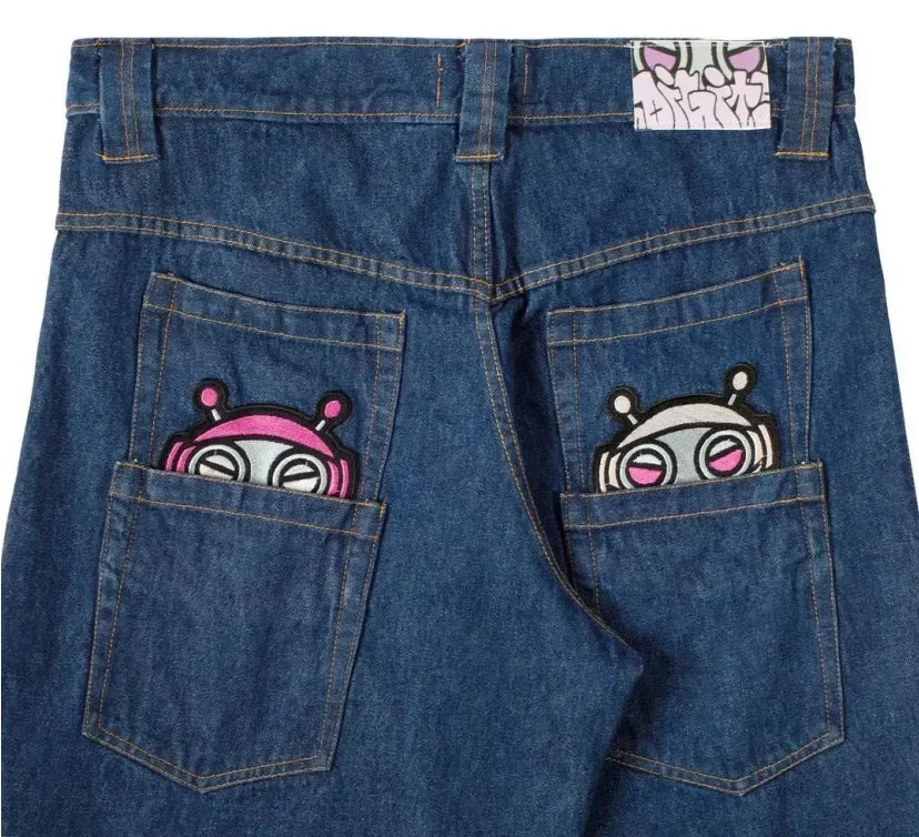 Retro British style print design sense patchwork rolled edge jeans high street casual loose wide-leg straight sports trousers