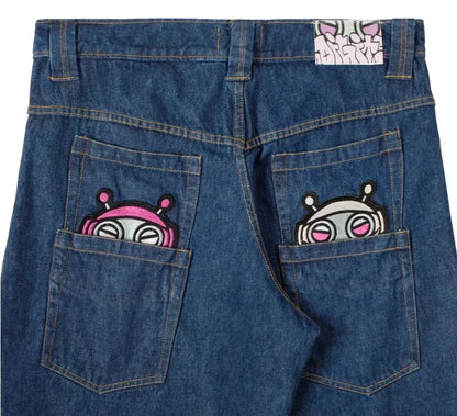 Retro British style print design sense patchwork rolled edge jeans high street casual loose wide-leg straight sports trousers