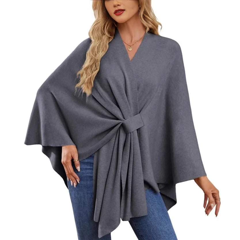 Women's Trendy Autumn And Winter Loose V-Neck Shawl Cape Elegant Shawl Wraps Casual Solid Color Soft Open Front Poncho bat shirt