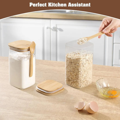 Glass Square Storage Jar with Bamboo Lids Spoon Glass Coffee Canister Food Container for Beans Pasta Candy Spice Rice Loose Tea