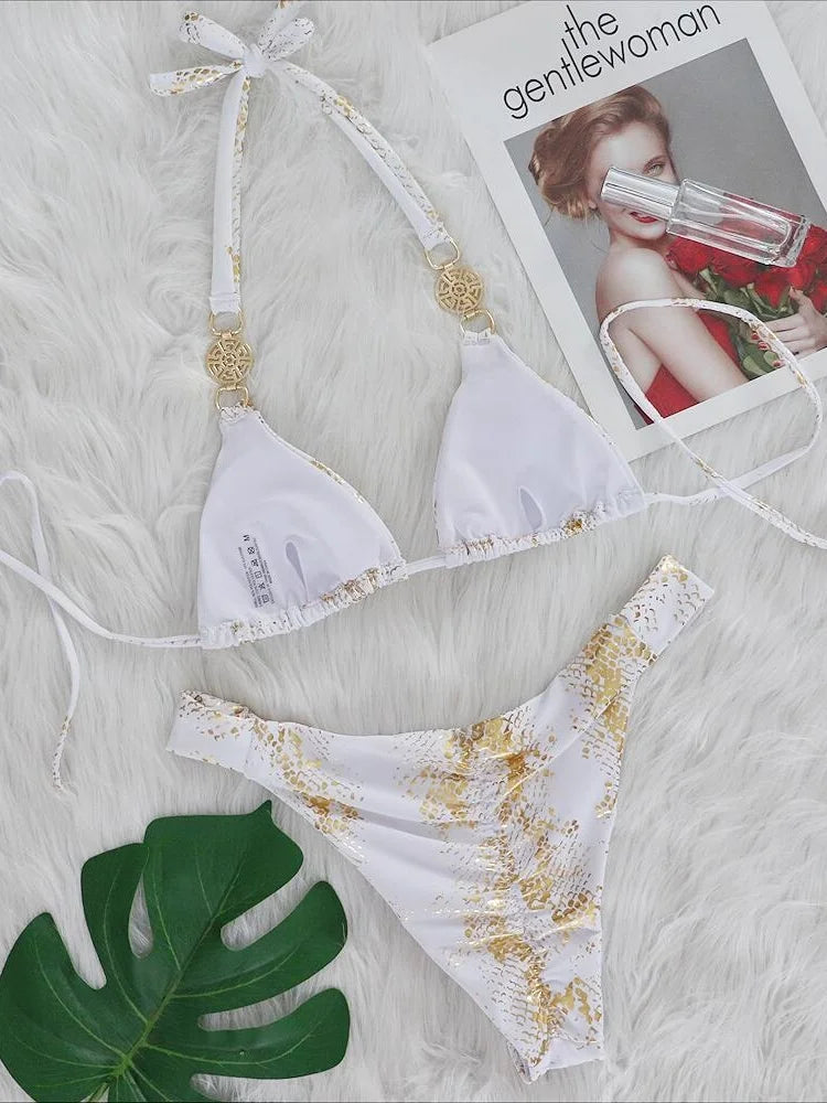 Bikinis Women White Snake Skin Print Rhinestone Micro Swimsuit 2025 Luxury Brazilian Push Up Beach Bathing Suit Thong Swimwear