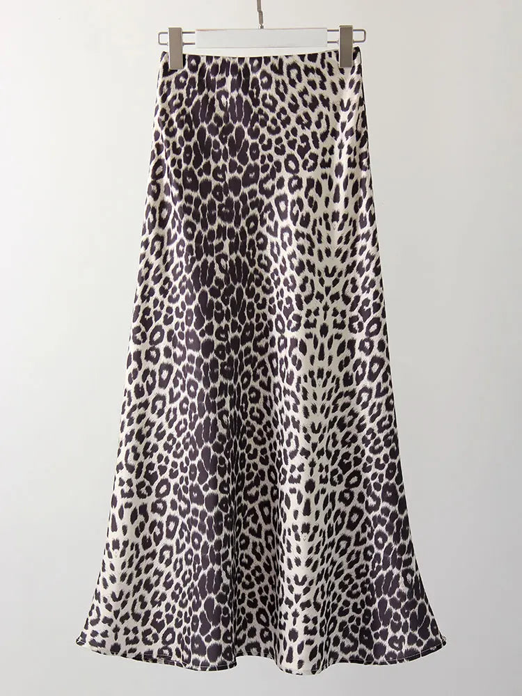 Long Leopard Print Skirts Women Satin Summer Office Elegant Maxi Zipper Skirt Satin Silk Fashion Fishtail Skirt Women Summer