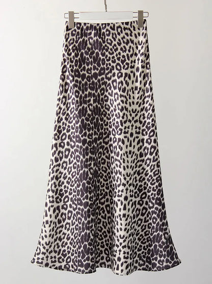 Long Leopard Print Skirts Women Satin Summer Office Elegant Maxi Zipper Skirt Satin Silk Fashion Fishtail Skirt Women Summer