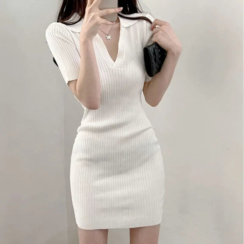 Short Sleeve Dress Women Slim Knitting Female Clothes Summer Streetwear Vacation Casual Soft Sweet Basic Ulzzang Vestidos