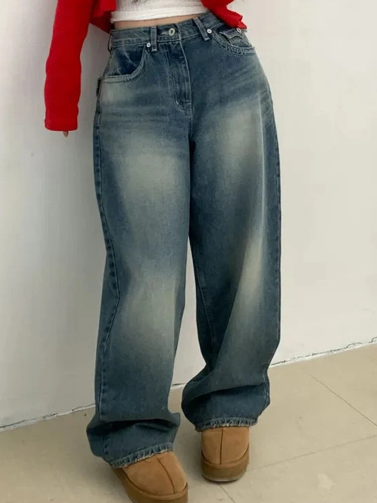 Retro Hong Kong Sle Women's Denim Jeans with ket Design Loose Wide Leg Pants Faionable Casual Long Trousers