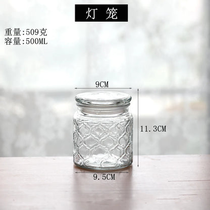 Retro Transparent Glass Sealed Jar Glass Lid Storage Jar Begonia Flower Glass Bottle Candy Storage Jar Kitchen Storage Supplies