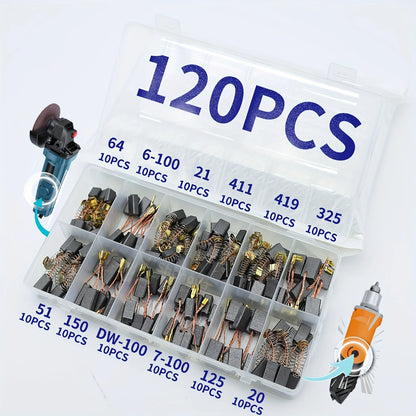120-Piece Carbon Brush Combination Set, Carbon Brushes for Home Renovation Power Tools in 12 Sizes to Choose From, Suitable for Angle Grinders, Impact Drills, Electric Drills, Electric Hammers, and Circular Saws for Repair an