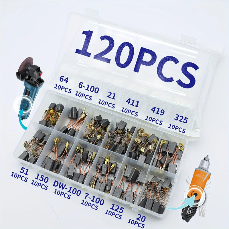 120-Piece Carbon Brush Combination Set, Carbon Brushes for Home Renovation Power Tools in 12 Sizes to Choose From, Suitable for Angle Grinders, Impact Drills, Electric Drills, Electric Hammers, and Circular Saws for Repair an