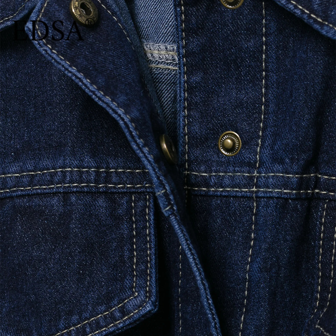 EDSA Women Vintage Denim Jacket Coat with Sashes Flap Pockets Long Sleeves Turn-down Collar for Female High Street Outerwear