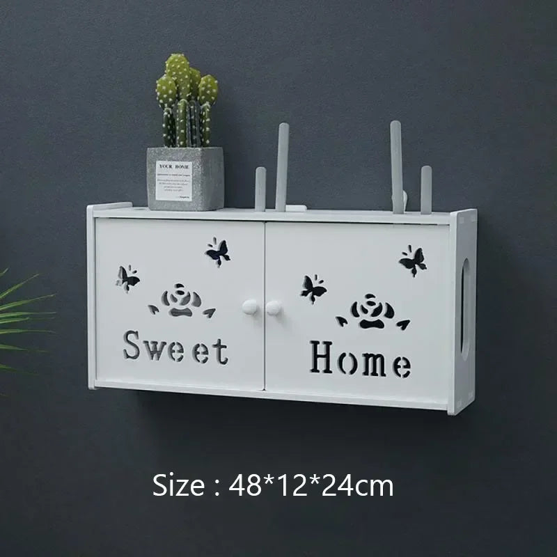 Large Wireless Wifi Router Shelf Storage Boxes Cable Power Plus Wire Bracket Wood-Plastic Wall Hanging Plug Board DIY Home Decor
