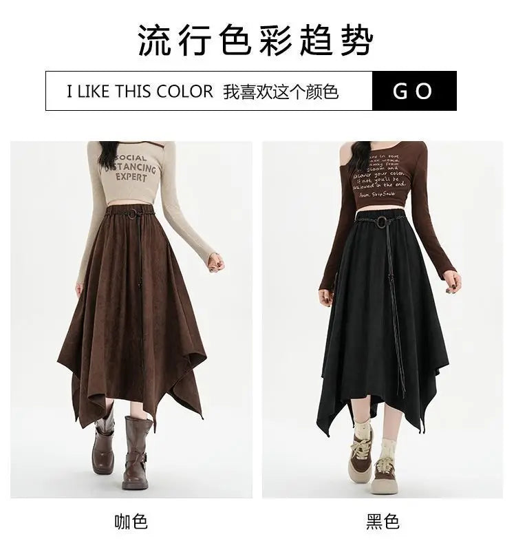 American Retro Irregular Deerskin Velvet Skirt for Women in Autumn New Ruffle Splicing Large Umbrella Skirt