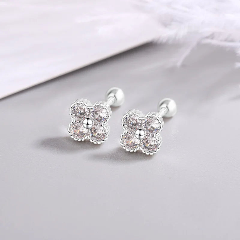925 Sterling Silver Four Round Zircon Small Piercing Stud Earrings For Women Luxury Elegant Fine Jewelry Accessories Jewellery