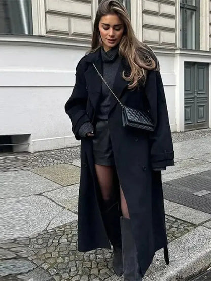 Elegant Solid Women Woolen Long Coats Loose Lapel Double-breasted Full Sleeve Shoulder Pads Overcoat 2026 Spring New Outerwears