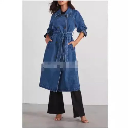 Denim Windbreaker for Women 2025 Washed Long Jackets Pockets Lace Up Lapel Double Breasted Trench Coat Casual Female Outerwear