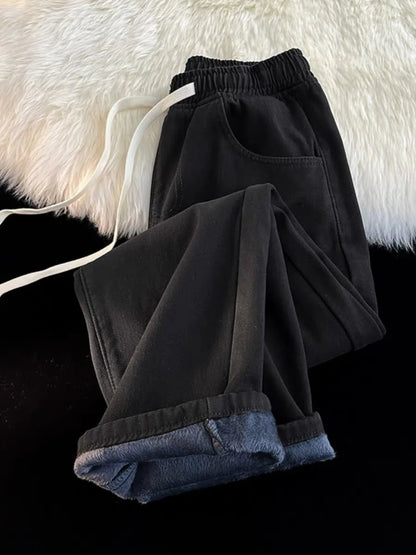 High Waist Straight Leg Dstring Elastic Waist Denim Jeans Women's Spring Autumn Slimming Drapey Lazy Sle Floor Length Pants