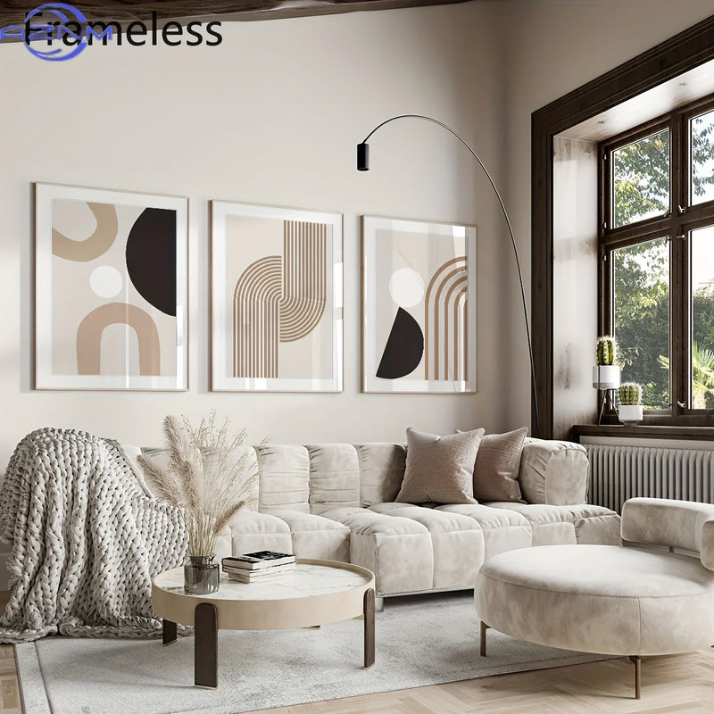 3pcs Modern Minimalist Abstract Lines Canvas Art, Beige Geometric Wall Paintings, Boho Chic Home Decor for Living Room, Bedroo