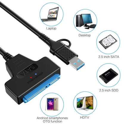 SATA To USB 3.0/Type-C Cable SATA III Hard Drive Adapter Up To 6 Gbps for 2.5 3.5 Inch HDD SSD Hard Drive Disk with 12V/2A Power