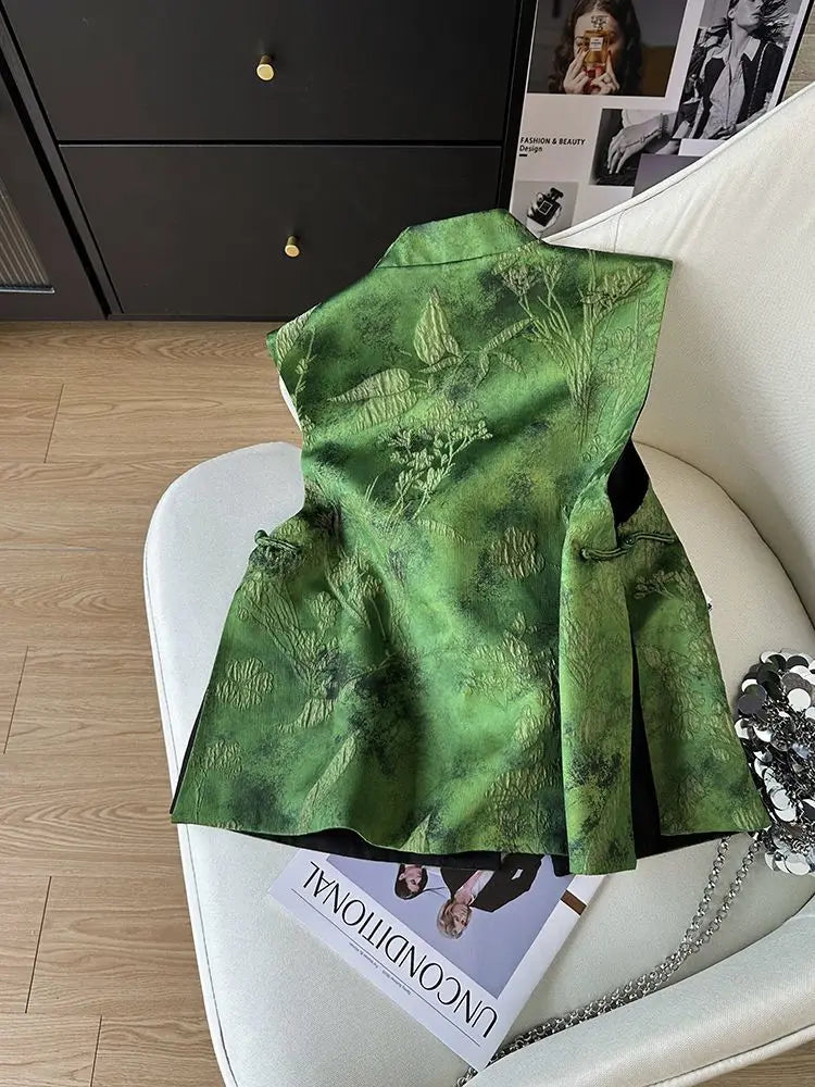 2025 Retro Chinese Literature Green Jacquard Vest Classical Chic Versatile Waistcoat Female Sleeveless Singlet Tops