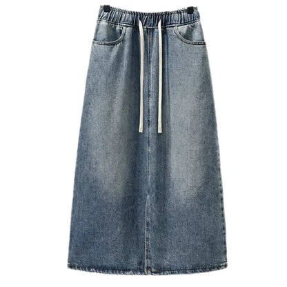 Spring/Summer 2026New Lady Drawstring Elastic Waist Split Denim Skirt High Waist Slim Retro Denim Casual A-Line Skirts Female