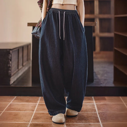 Maden Retro Banana Jeans Women's Spring Soft Stretch Tapered Pants Cool Blue Jeans with Elastic Drawstring Waist Casual Trousers