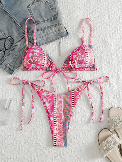 BIQIUYYI New Floral Print String Bandage Bikinis Triangle Cup Push Up Swimsuit Women Bathing Suit Beachwear Halter Swimwear XS