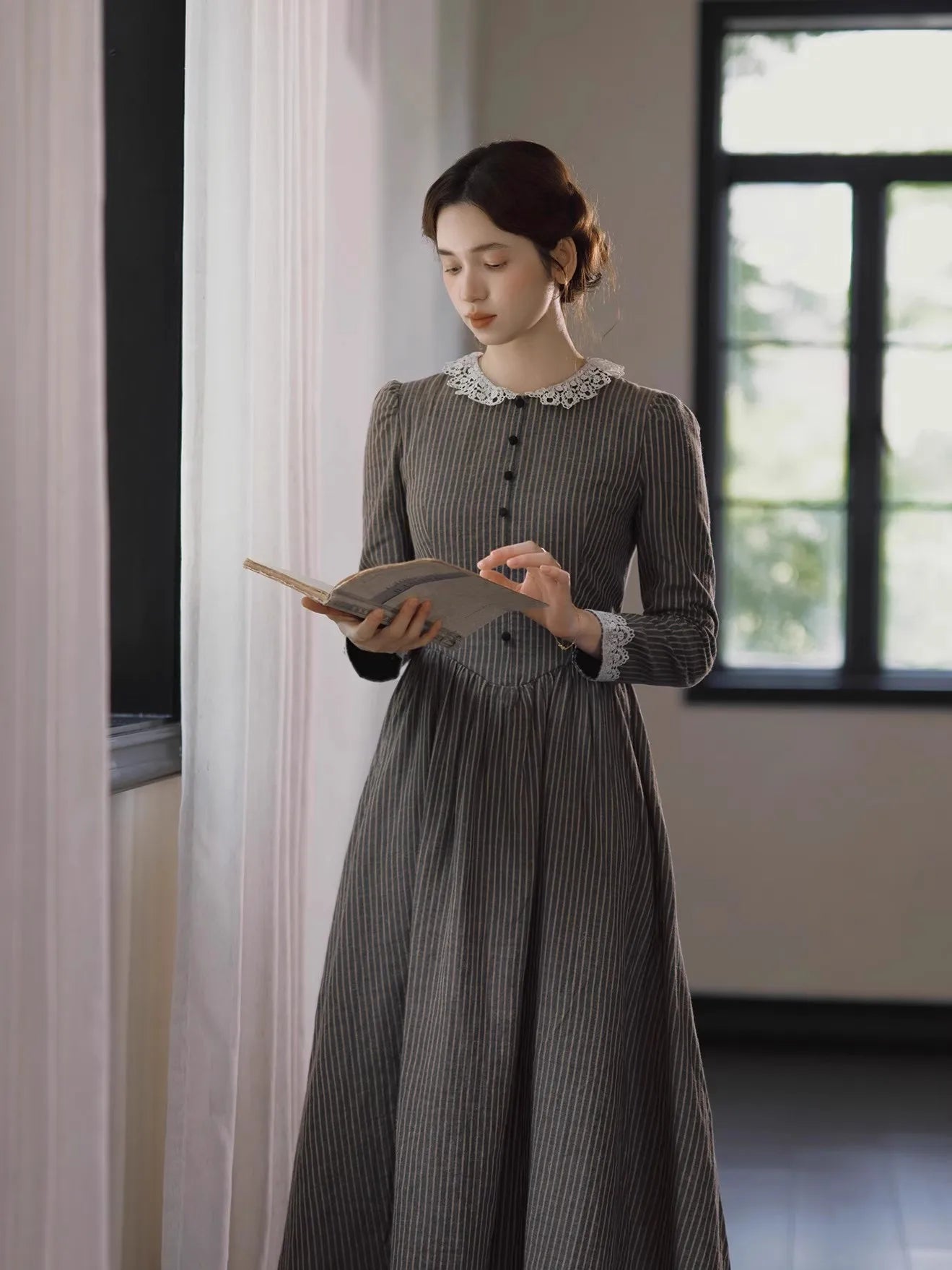 86-98cmBust SpringFall Long Dresses Women French Miss Austin Vintage Elegant Slim Exquisite Lace Collar 100%Cotton Striped Dress