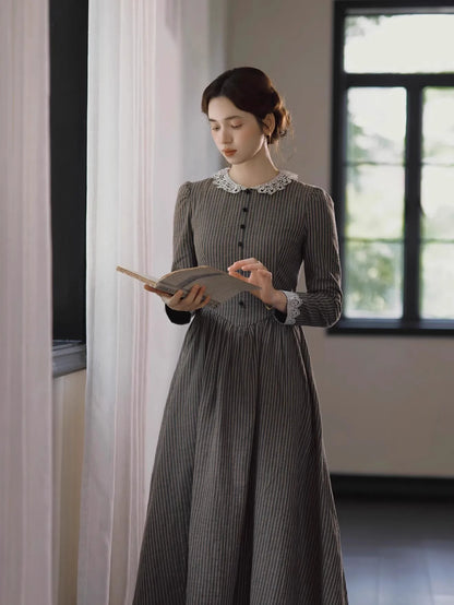 86-98cmBust SpringFall Long Dresses Women French Miss Austin Vintage Elegant Slim Exquisite Lace Collar 100%Cotton Striped Dress
