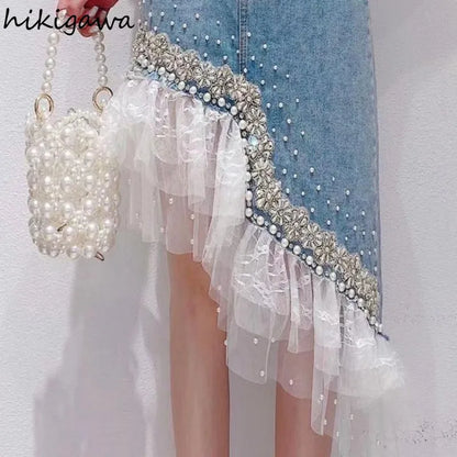 Denim Skirt Women Patchwork Lace Sweet Jupe 2025 Faldas Mujer De Moda Fashion Irregular Beading Summer Saia Bodycon Y2k Skirts