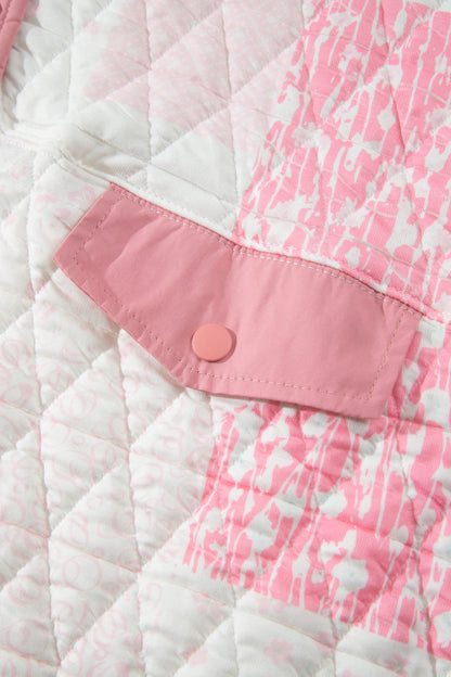 Pink Floral Quilted Half Button Pocketed Pullover Sweatshirt