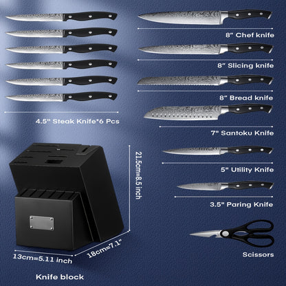 14 Pieces Kitchen Knife Set With Built-in Sharpener, Stainless Steel Kitchen Knives With Unique Waved Pattern, Non-slip Handle, Black