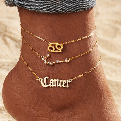 3 Pieces/ Set Golden Zodiac Anklets Set, Bohemian Elegant Ladies Multi-Piece Chain, Fashion Astrological Sign Charms For Women