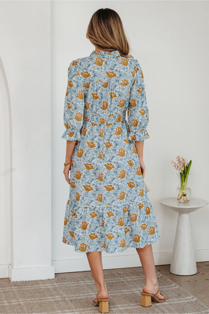 Brown Floral Printed Frilled V Neck Bracelet Sleeve Long Dress