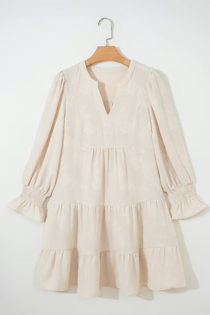 Parchment Long Sleeve Notched Neck Jacquard Tiered Mini Dress