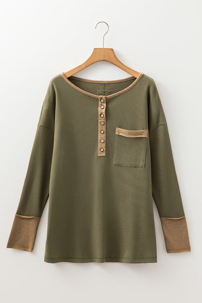 Vineyard Green Color Block Waffle Textured Tunic Henley Top with Slits