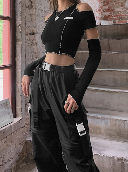 Off Shoulder Hollow Crew Neck T-shirt, Casual Loose Long Sleeve Fashion Summer Slim Bottoming T-Shirts Tops, Women's Clothing